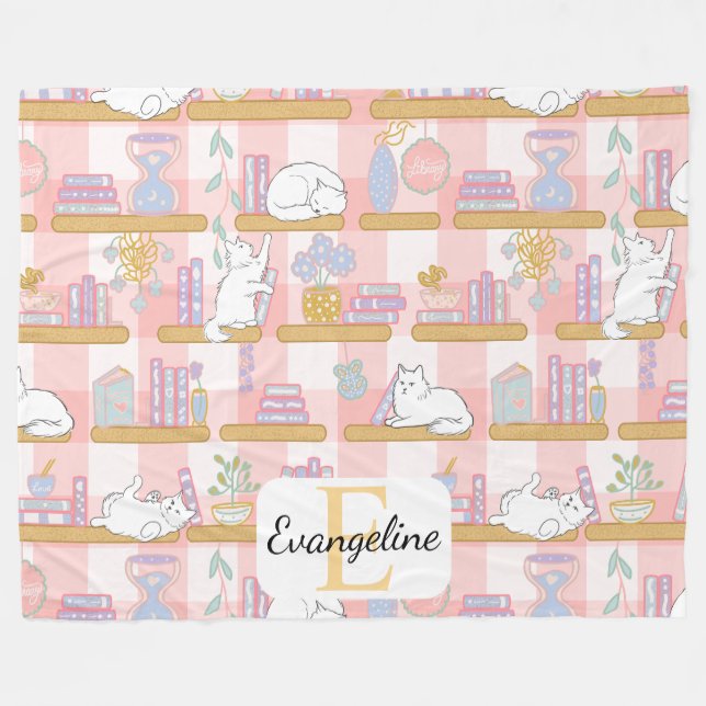 Personalized Bookish Cat Gift Pink Pastel Name Fleecedecke (Vorderseite (Horizontal))