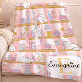 Personalized Bookish Cat Gift Pink Pastel Name Fleecedecke