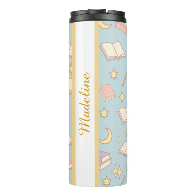 Personalized Bookish Girly Blue Cute Magic Name Thermosbecher (Rückseite)