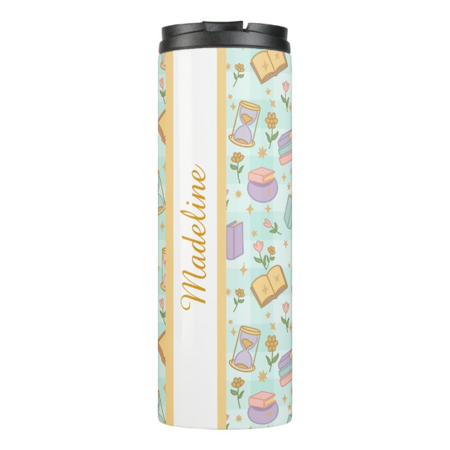 Personalized Bookish Girly Magic Green Cute Name Thermosbecher (Rückseite)