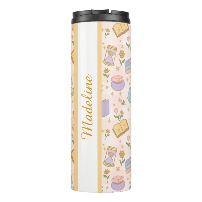 Personalized Bookish Girly Magic Pink Cute Name Thermosbecher (Rückseite)