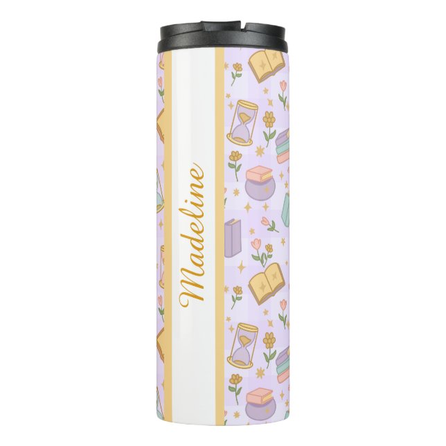 Personalized Bookish Girly Magic Times Purple Name Thermosbecher (Rückseite)