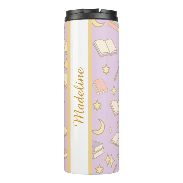 Personalized Bookish Girly Purple Cute Magic Name Thermosbecher (Rückseite)