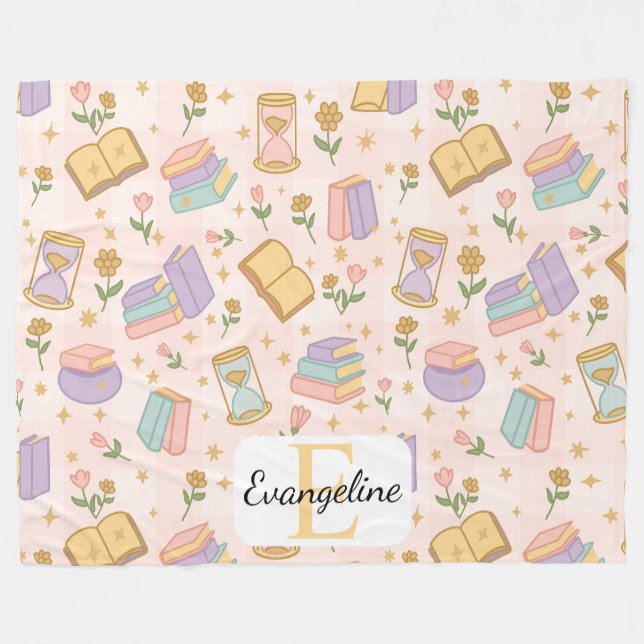 Personalized Bookish Magic Pink Pastel Girly Name Fleecedecke (Vorderseite (Horizontal))
