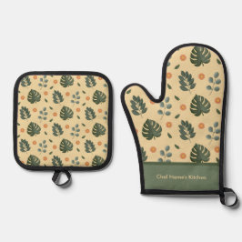 Personalized Botanical Name Cream and Sage Green Ofenhandschuh & Topflappen-Set