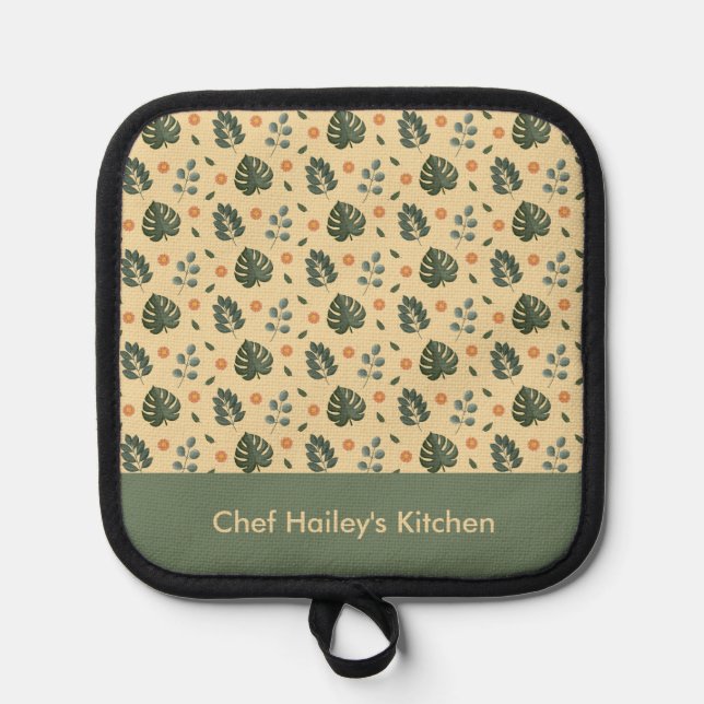 Personalized Botanical Name Cream and Sage Green Topflappen (Vorderseite)