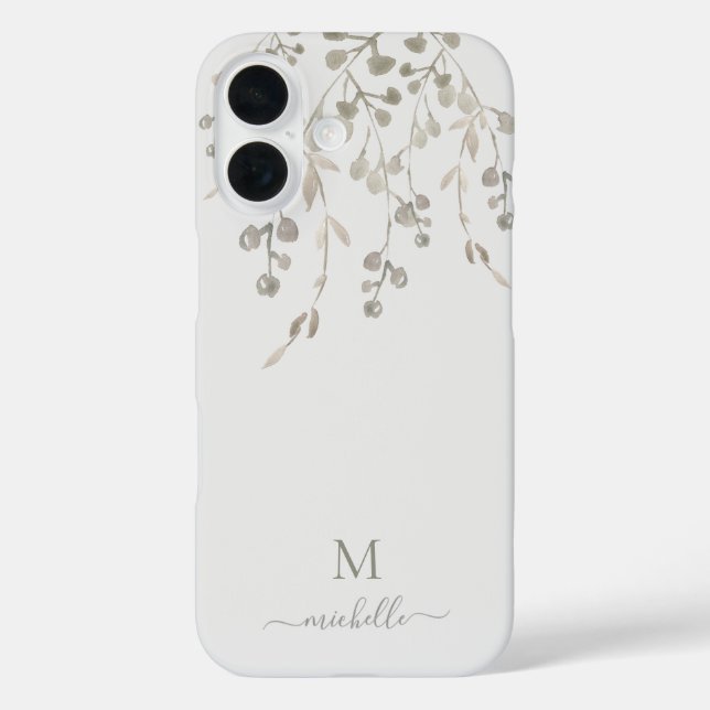 Personalized Botanical Watercolor Monogram Gray iPhone 16 Hülle (Rückseite)
