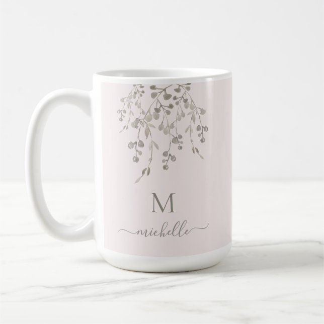 Personalized Botanical Watercolor Monogram Pink Kaffeetasse (Links)