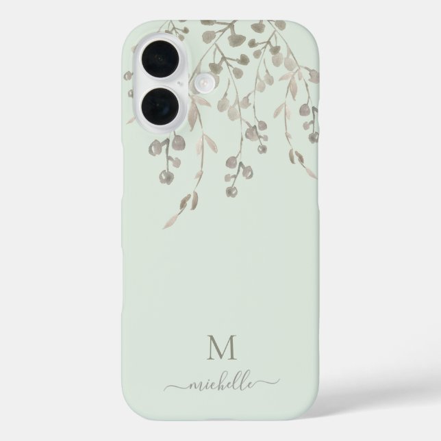 Personalized Botanical Watercolor Monogram Sage iPhone 16 Hülle (Rückseite)