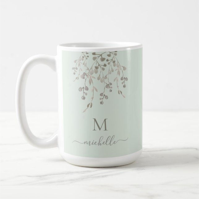 Personalized Botanical Watercolor Monogram Sage Kaffeetasse (Links)