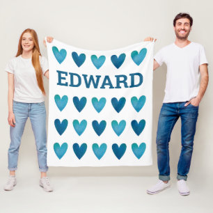 Personalized Boy Blue Hearts Valentines Day Fleecedecke