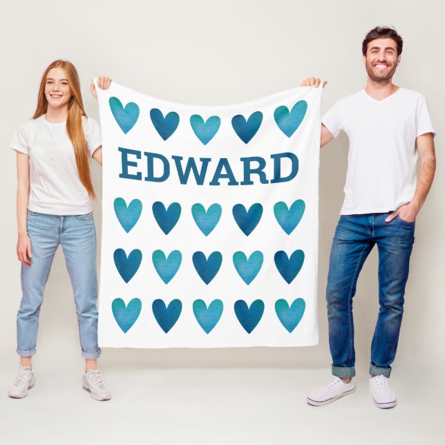 Personalized Boy Blue Hearts Valentines Day Fleecedecke (Beispiel)