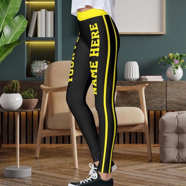 Personalized Bright Yellow Black Stripes Pet Names Leggings (Von Creator hochgeladen)