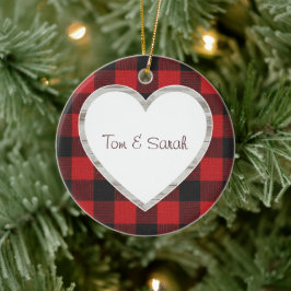 Personalized Buffalo Plaid Heart Rustic Keramik Ornament