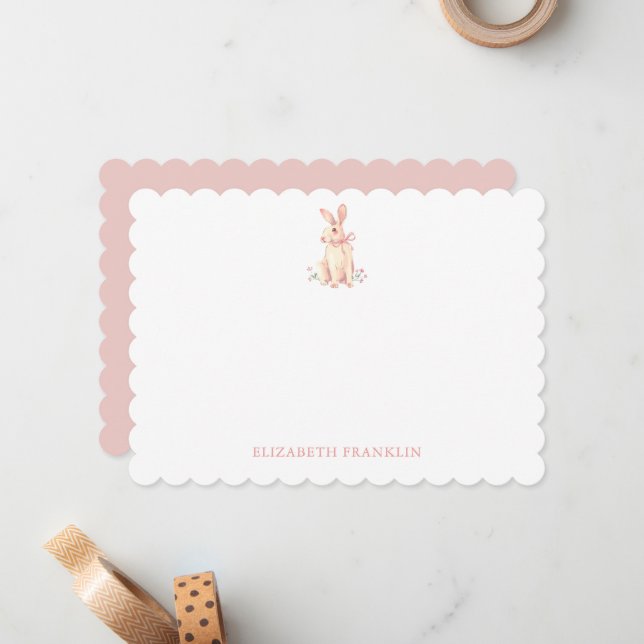 Personalized Bunny Pink Watercolor Bow Mitteilungskarte (Vorderseite/Rückseite Beispiel)