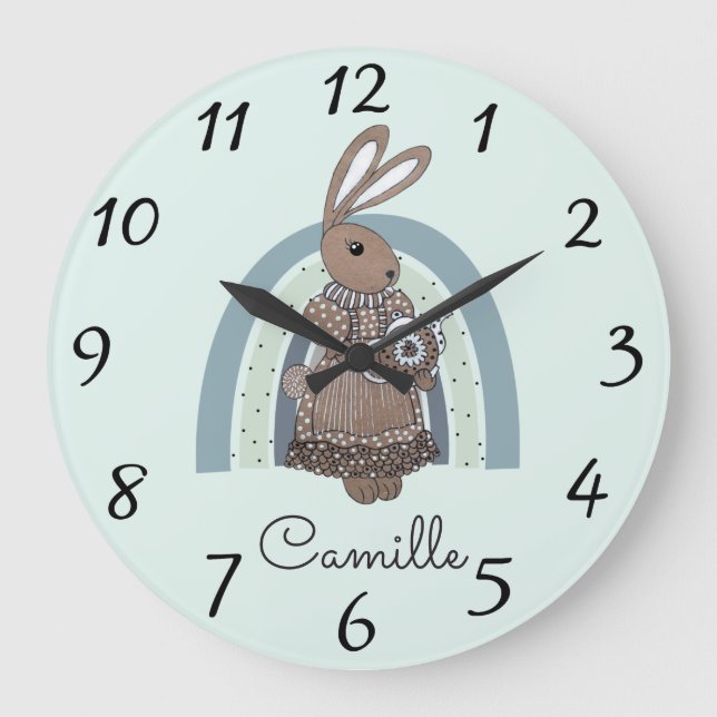 Personalized Bunny Rainbow Blue Nursery Large Cloc Große Wanduhr (Vorderseite)