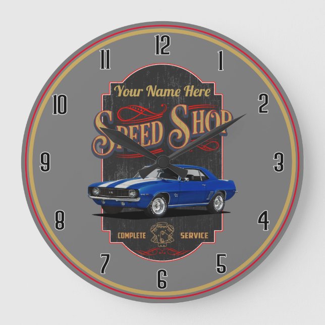 Personalized Camaro Speed Shop Blue Große Wanduhr (Vorderseite)