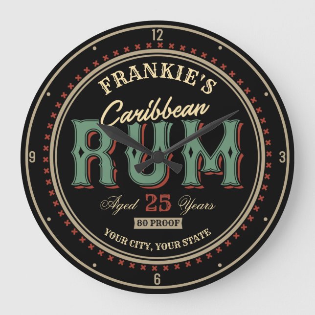Personalized Caribbean Rum Liquor Bottle Label Bar Große Wanduhr (Vorderseite)