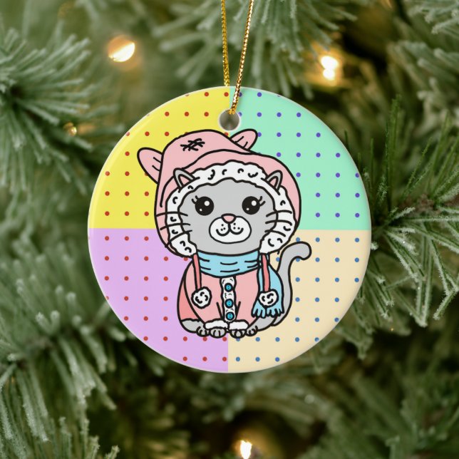 Personalized Cartoon Kitty Cat in Winter Hat   Keramik Ornament (Baum)