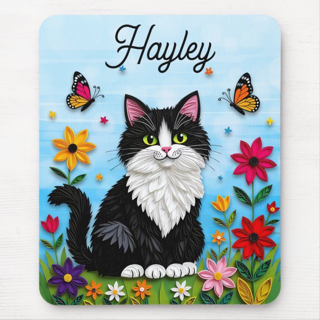 Personalized Cat, Flowers and Butterflies   Mousepad (Vorne)