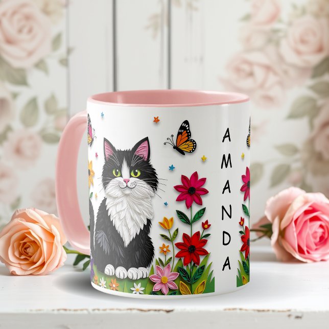 Personalized Cat, Flowers and Butterflies   Tasse (Von Creator hochgeladen)