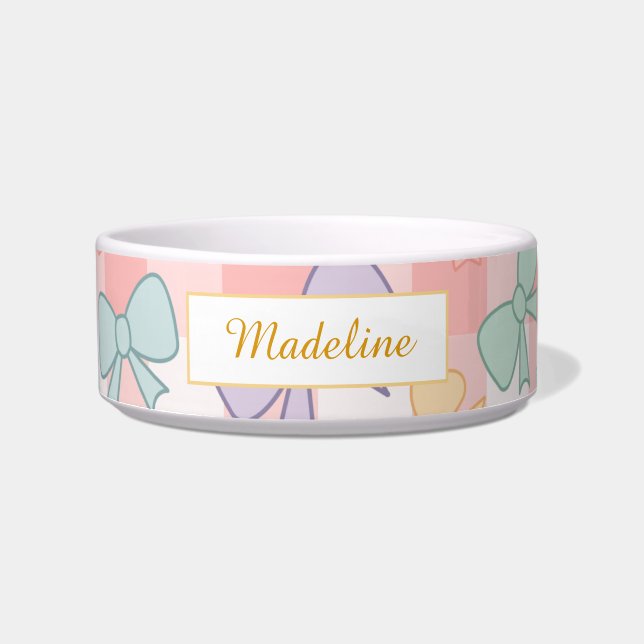 Personalized Cat Gingham Pastel Bows Bowl Ceramic Napf (Vorderseite)