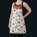Personalized Cat Mom Strawberry Kitten Kitchen  Schürze<br><div class="desc">Bring a touch of whimsy to your cooking with this adorable, customizable apron. Designed for the ultimate cat lover, this apron features a vibrant watercolor pattern of kittens and strawberries on a clean white background. The top section includes a bold red header where you can add a personalized name in...</div>