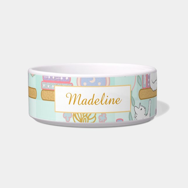 Personalized Cat Name Green Library Bowl Ceramic Napf (Vorderseite)