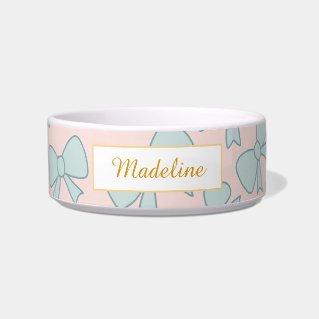 Personalized Cat Name Pastel Blue Bow Bowl Ceramic Napf (Vorderseite)