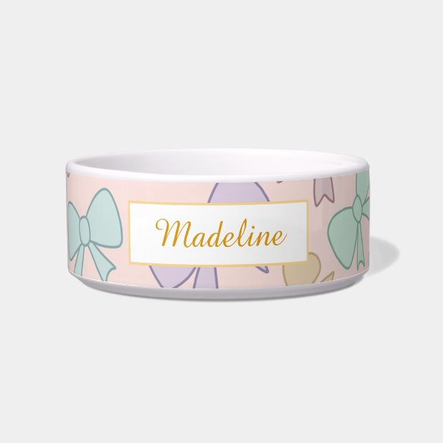 Personalized Cat Name Pastel Bows Bowl Ceramic Napf (Vorderseite)