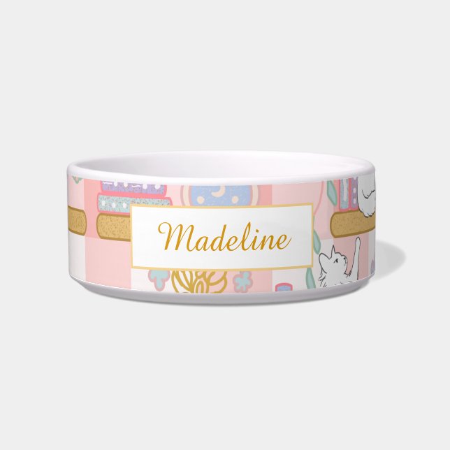 Personalized Cat Name Pink Library Bowl Ceramic Napf (Vorderseite)