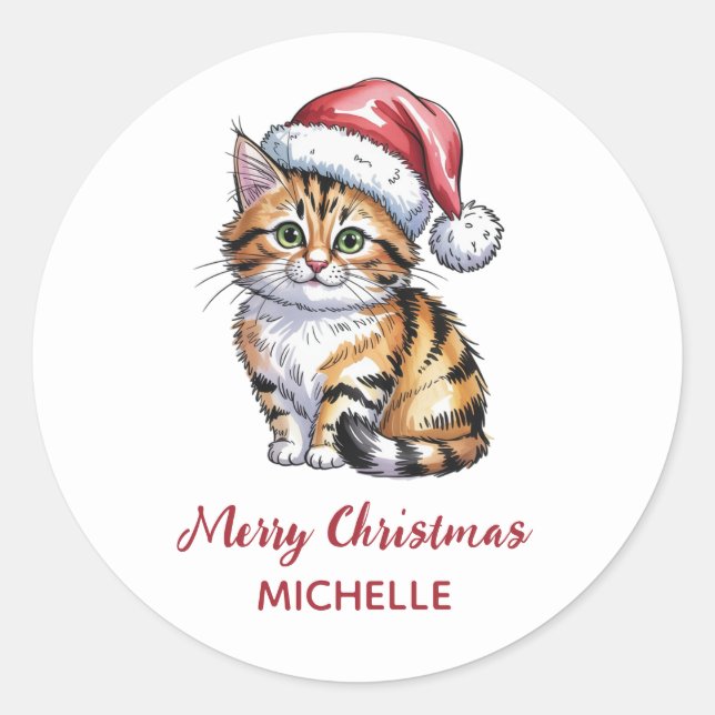 Personalized Cat with Santa Hat Christmas  Runder Aufkleber (Vorderseite)