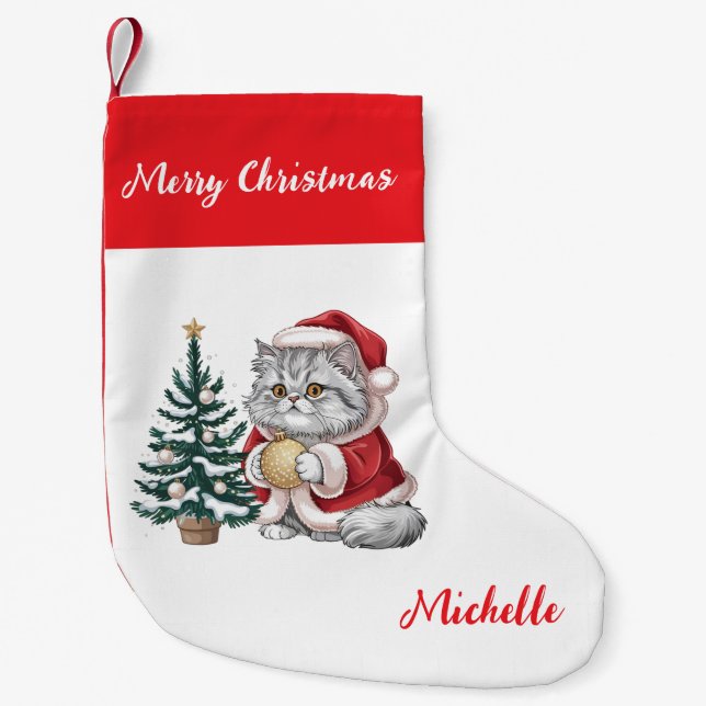Personalized Cat with Santa Hat Christmas tree     Kleiner Weihnachtsstrumpf (Vorderseite)