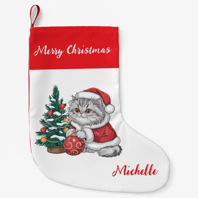 Personalized Cat with Santa Hat Christmas tree     Kleiner Weihnachtsstrumpf (Vorderseite)