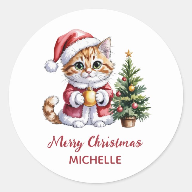 Personalized Cat with Santa Hat Christmas tree  Runder Aufkleber (Vorderseite)
