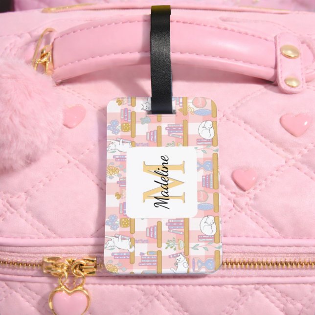 Personalized Cats Library Book Girl Pink School Gepäckanhänger (Von Creator hochgeladen)