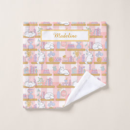 Personalized Cat's Library Bookish Pastel Pink Waschlappen