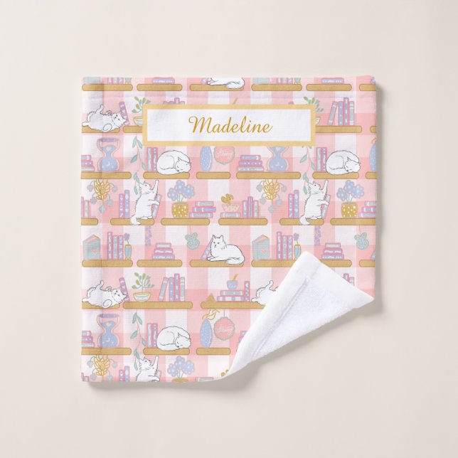 Personalized Cat's Library Bookish Pastel Pink Waschlappen (Waschlappen)