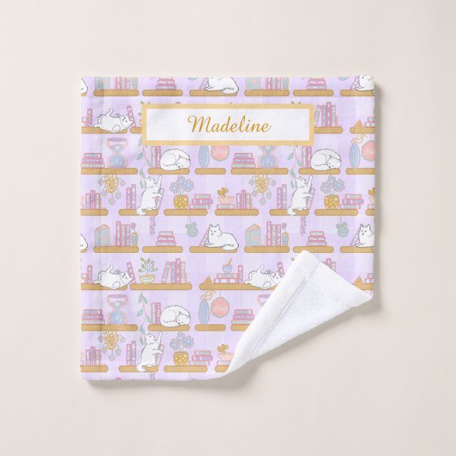 Personalized Cat's Library Bookish Pastel Purple (Gant de toilette)