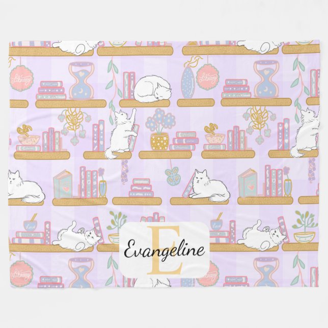 Personalized Cats Library Purple Pastel Girly Book Fleecedecke (Vorderseite (Horizontal))