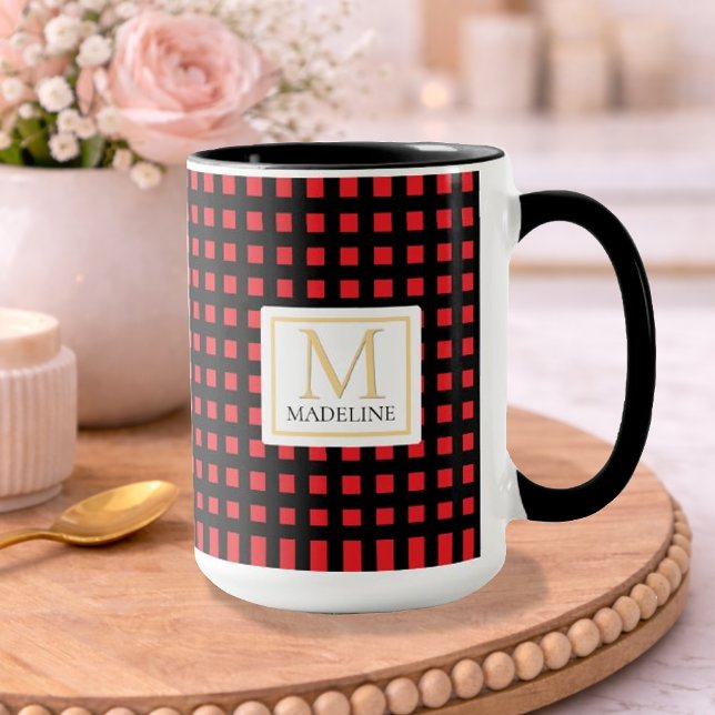 Personalized Checkered Name Mug Red Black Stripe Tasse (Von Creator hochgeladen)