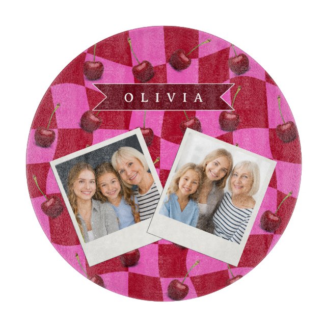 Personalized Cherry Gingham Retro Custom Name Schneidebrett (Vorderseite)