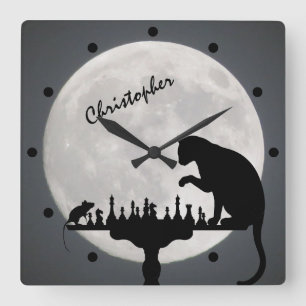Personalized Chess Full Moon Cat and Mouse Game Quadratische Wanduhr