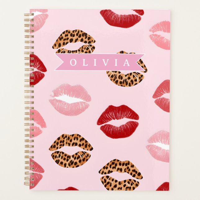 Personalized Chic Pink Leopart Print Lip Pattern Planer (Vorderseite)