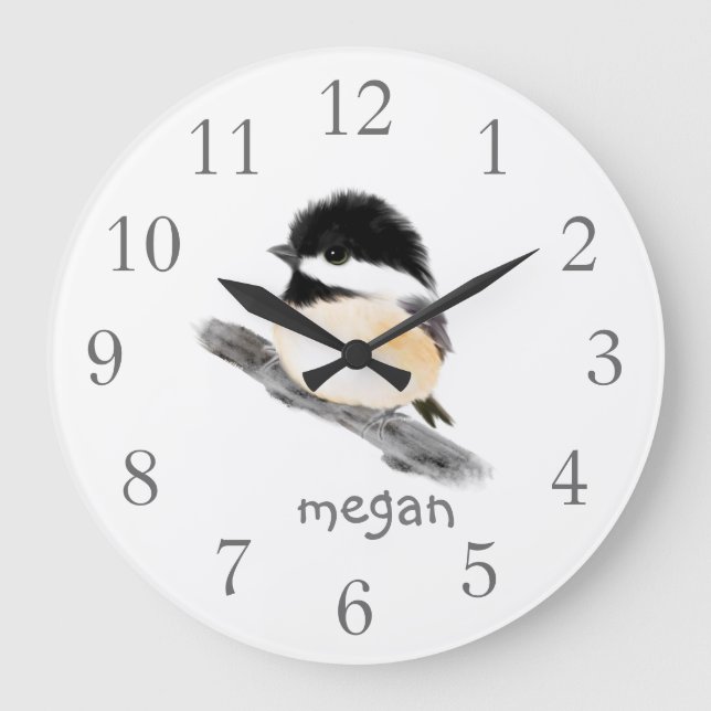 Personalized Chickadee Bird Wall Clock Große Wanduhr (Vorderseite)