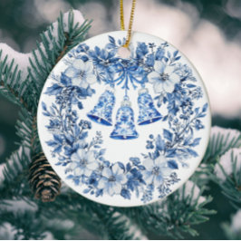 Personalized Chinoiserie Blue White Wreath Bells Keramik Ornament