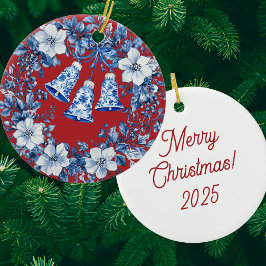 Personalized Chinoiserie Blue White Wreath Bells Keramik Ornament