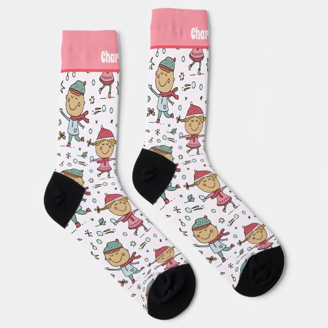 Personalized Christmas Children in Snow Pattern Socken (Rechts)