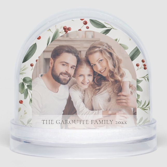 Personalized Christmas Holiday Greenery Photo Schneekugeln (Vorderseite)