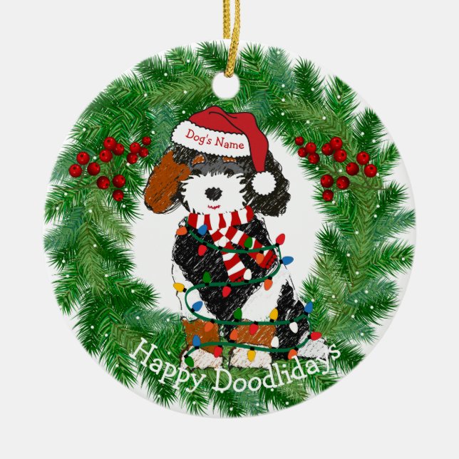 Personalized Christmas Lights Bernedoodle Keramik Ornament (Vorne)